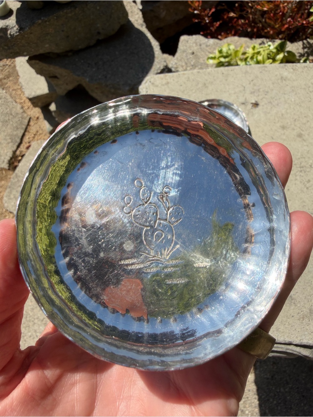 Vintage, hand hammered pair of Craftsmen Inc Cactus coaster / trinket dish
